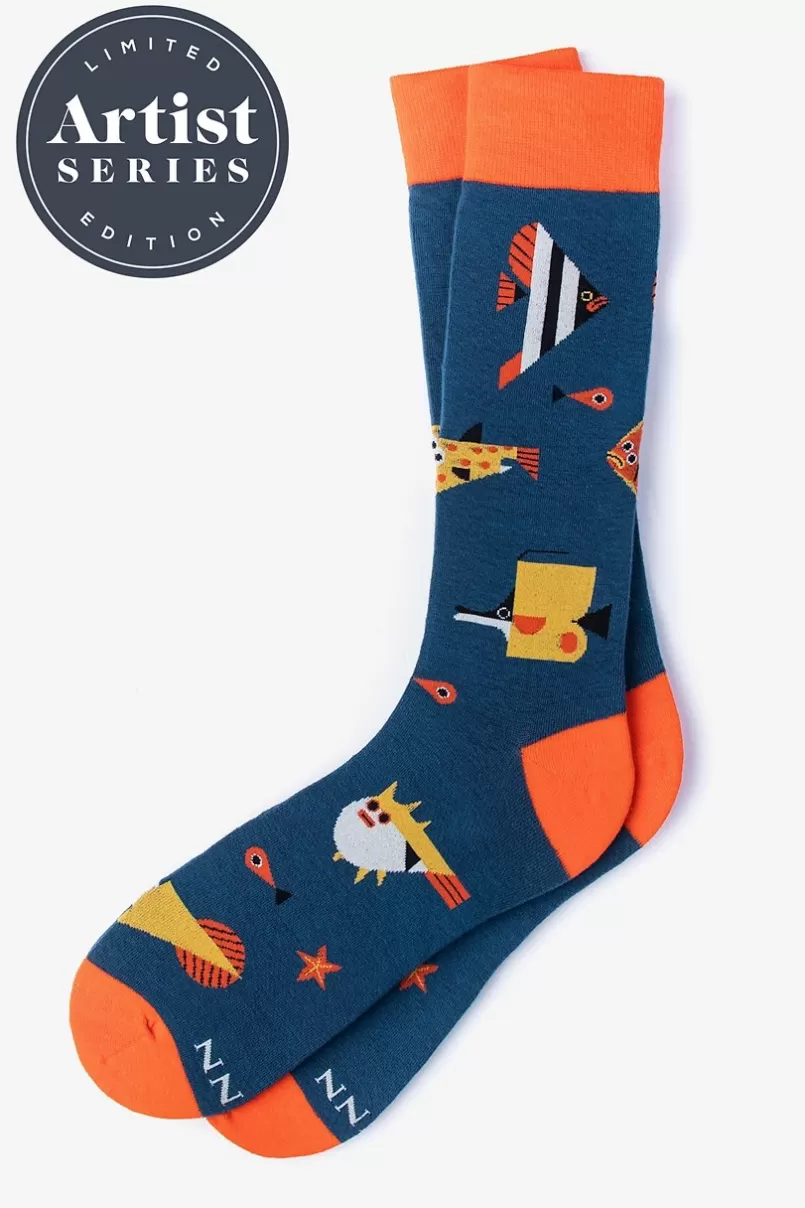 Ties Alynn® X Owen Davey Fish Navy Blue Sock Fashion