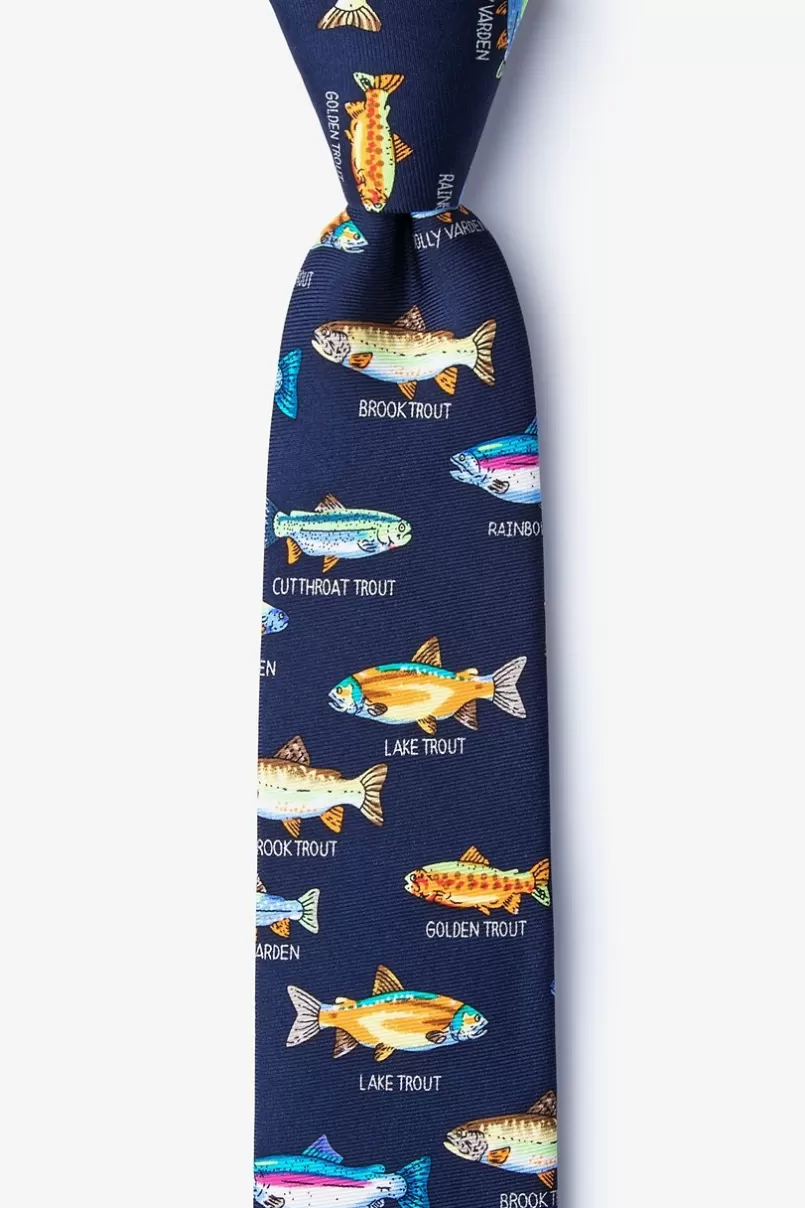 Ties Trout Family Navy Blue Skinny Tie New